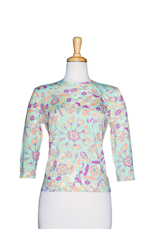 Mint and Purple Pastel Art Deco 3/4 Sleeve  Cotton Top