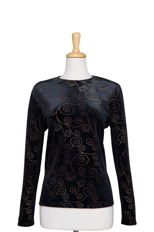 Black Velvet with Gold Metallic Swirl Long Sleeve Top