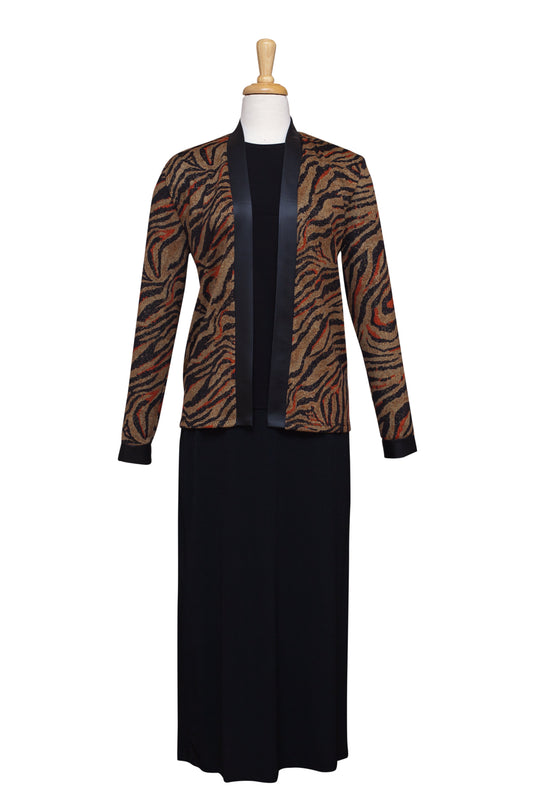 Three Piece Black and Camel Animal Print Knit Set With Leather Trim