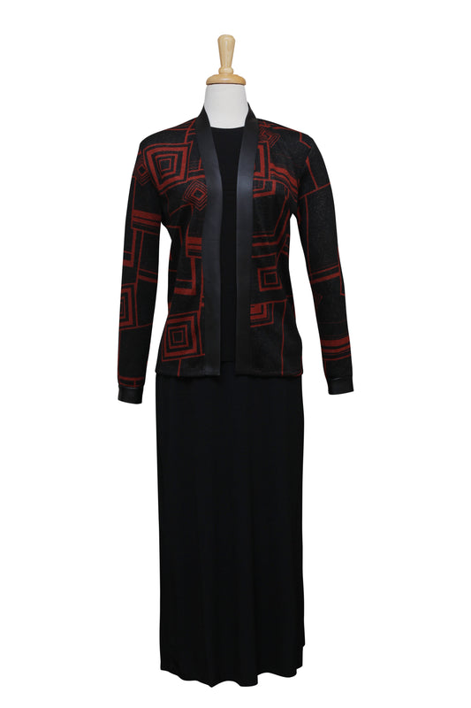 Three Piece Black and Rust Geometric Knit Set With Leather Trim