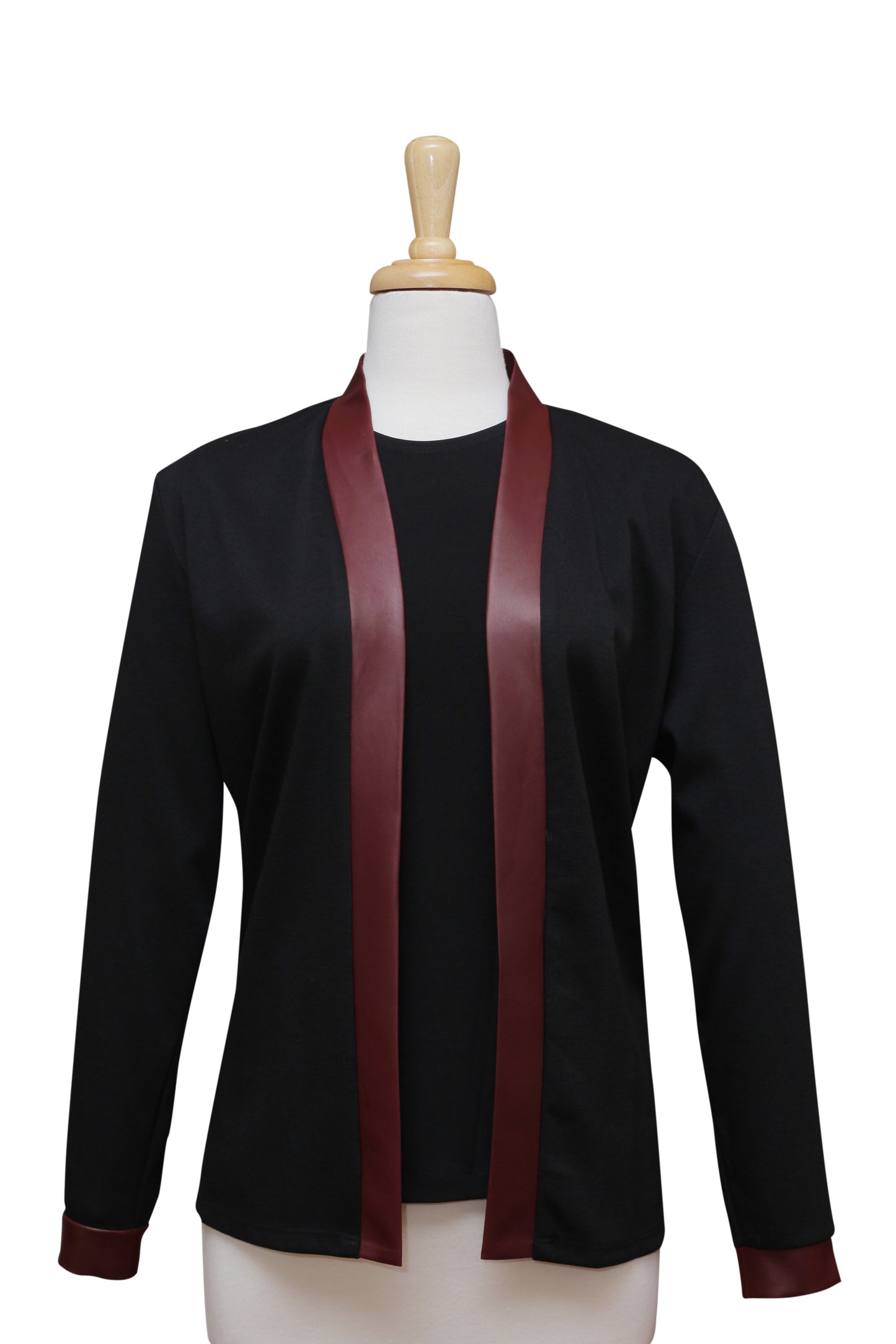 Two Piece Black Ponte Knit Set With Burgundy Leather Trim