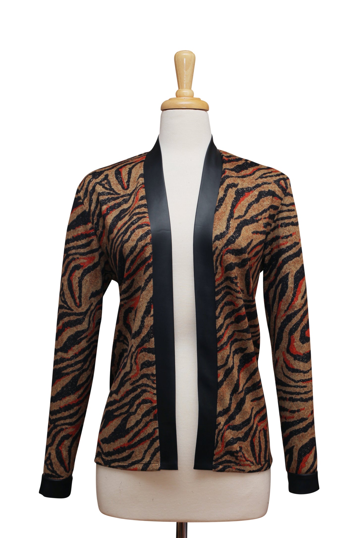 Black and Camel Animal Print Knit Jacket With Leather Trim