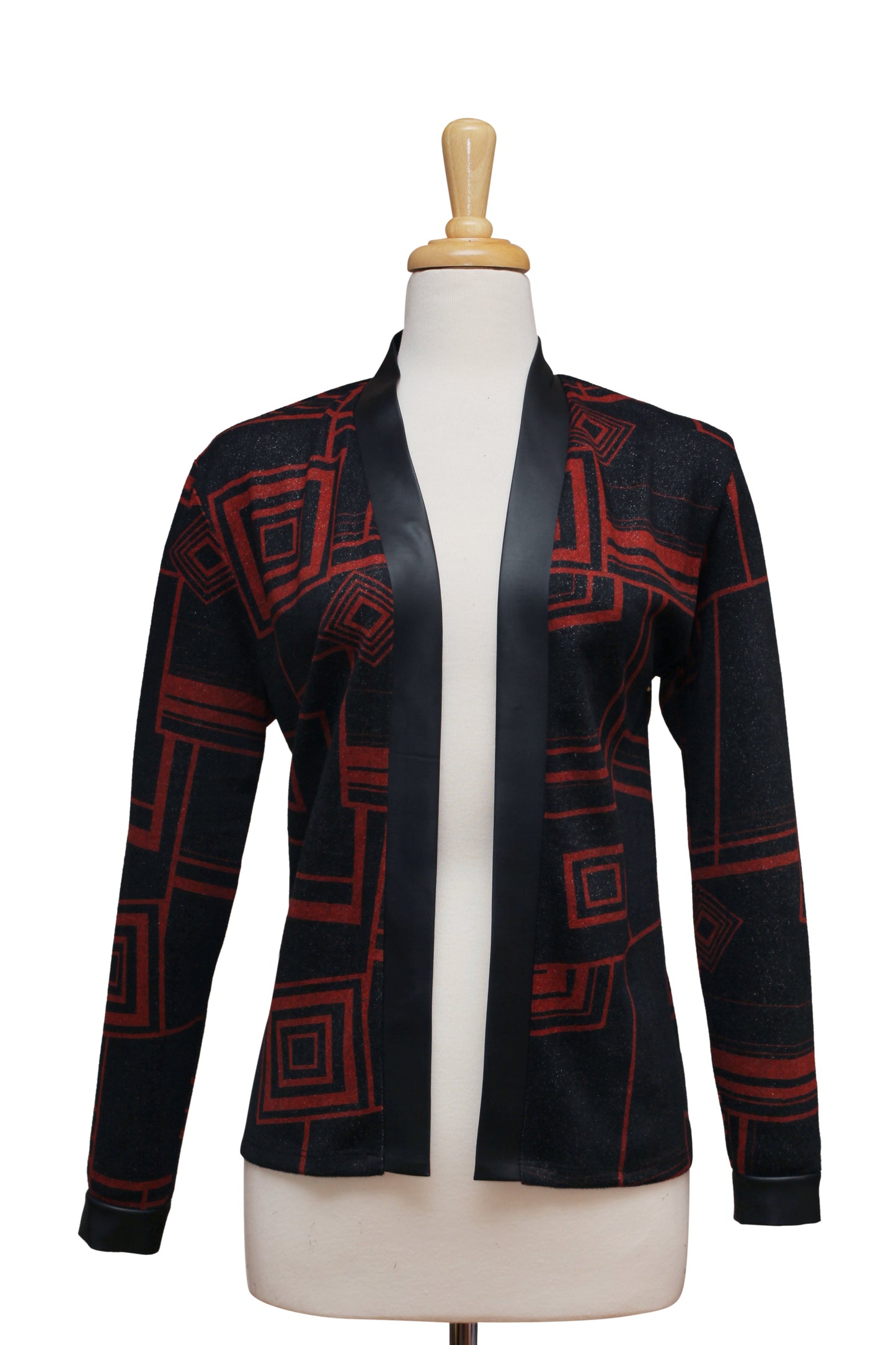 Black and Rust Geometric Knit Jacket With Leather Trim