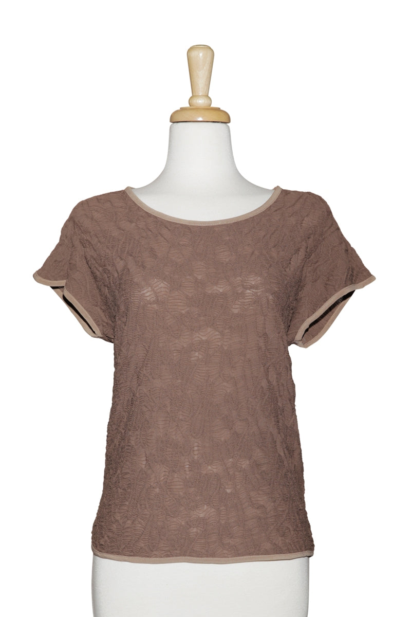 Mocha Crinkled Pattern Short Sleeve Top