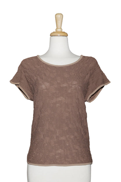 Plus Size Mocha Crinkled Pattern Short Sleeve with Beige Long Sleeve Top