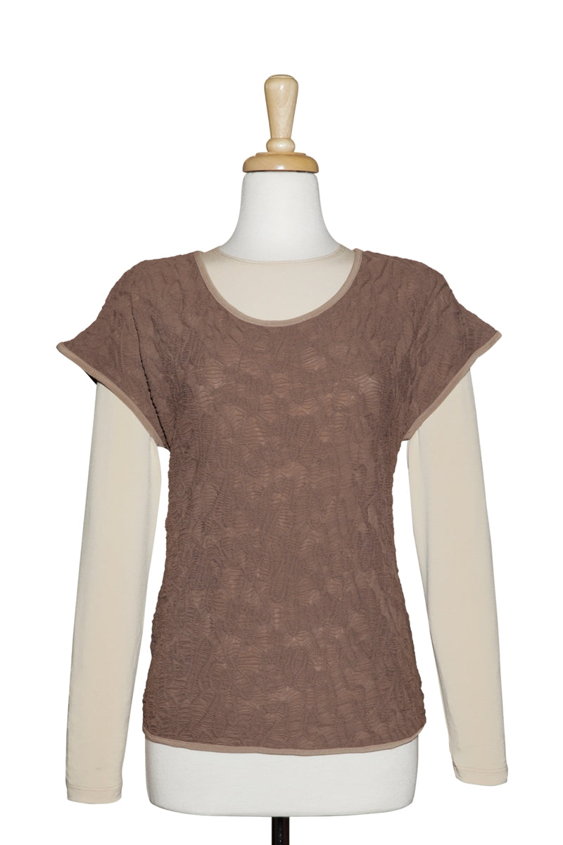 Mocha Crinkled Pattern Short Sleeve with Beige Long Sleeve Top