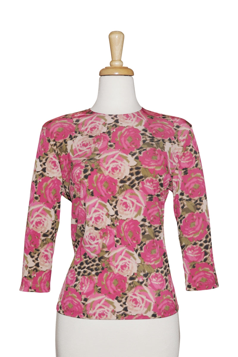 Pink & Taupe Floral Microfiber 3/4 Sleeve Top