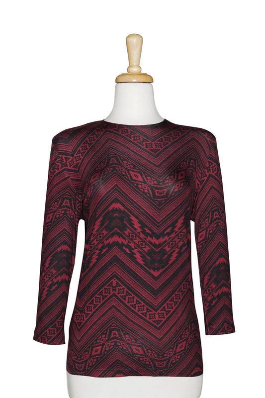 Black & Wine Zig Zag Cotton 3/4 Sleeve Top