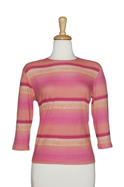 Pastel Pink & Fuchsia Striped Cotton 3/4 Sleeve Top