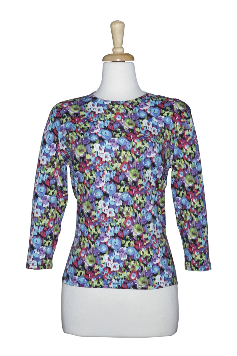Multi Paintbrush Floral Cotton 3/4 Sleeve Top