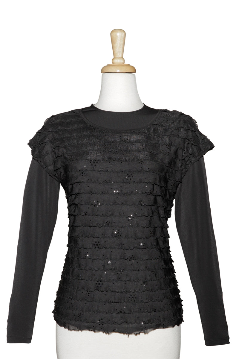Black Sequins Ruffled Short Sleeve With Long Sleeve Microfiber Top