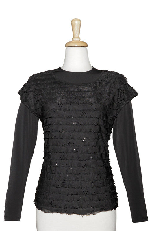 Black Sequins Ruffled Short Sleeve With Long Sleeve Microfiber Top