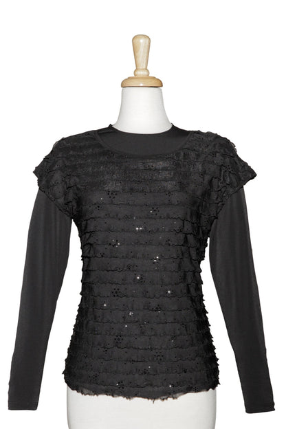 Plus Size Black Sequins Ruffled Short Sleeve With Long Sleeve Microfiber Top