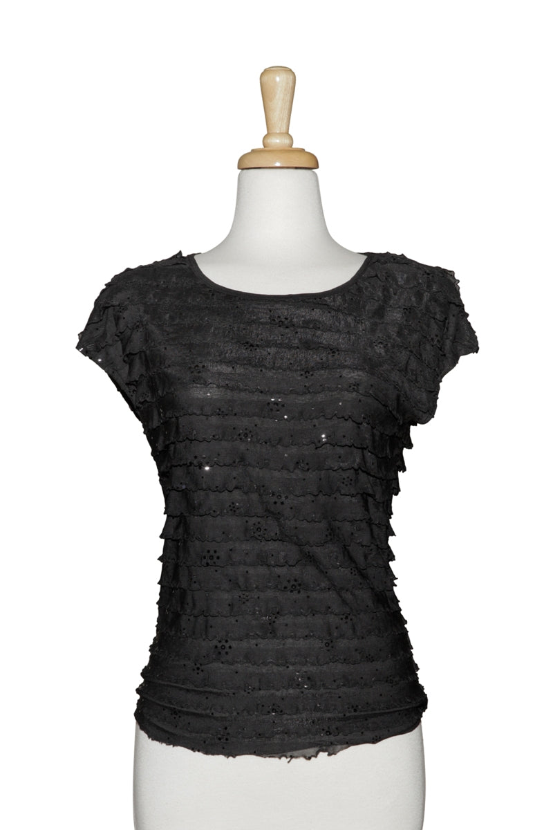 Plus Size Black Sequins Ruffled Short Sleeve With Long Sleeve Microfiber Top