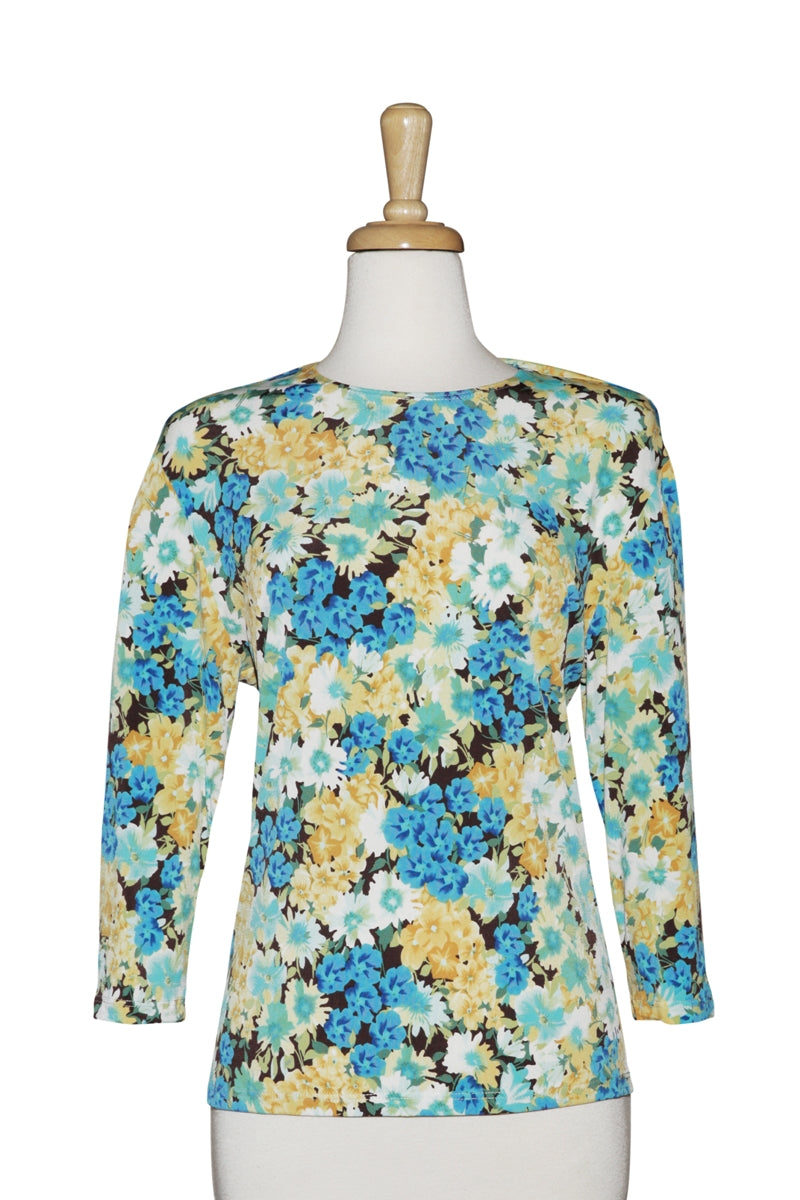 Pink & Taupe Floral Microfiber 3/4 Sleeve Top