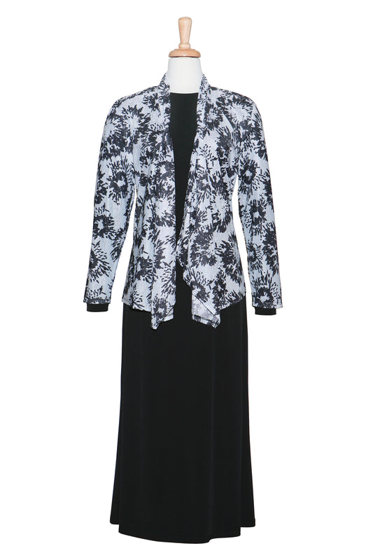 Plus Size Three Piece White & Black Sheer Floral Shawl Collar Microfiber Set