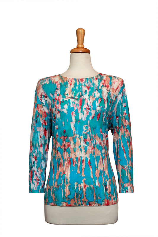 Turquoise and Beige Waterfall Cotton 3/4 Sleeve Top