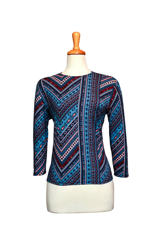 Smoked Blue and Burgundy Geometric Cotton 3/4 Sleeve Top
