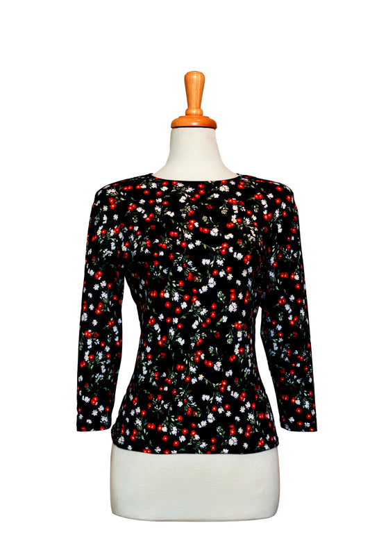 Plus Size Black Red and White Mini Floral Cotton 3/4 Sleeve Top