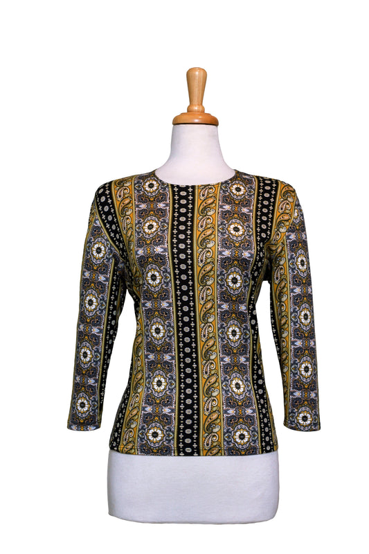 Plus Size Black and Mustard Patterned Striped Cotton 3/4 Sleeve Top