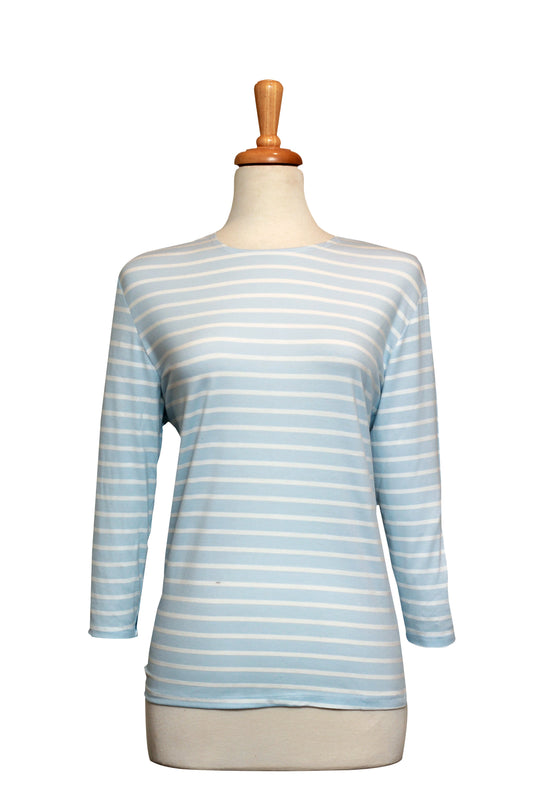 Light Blue and White Striped Cotton 3/4 Sleeve Top