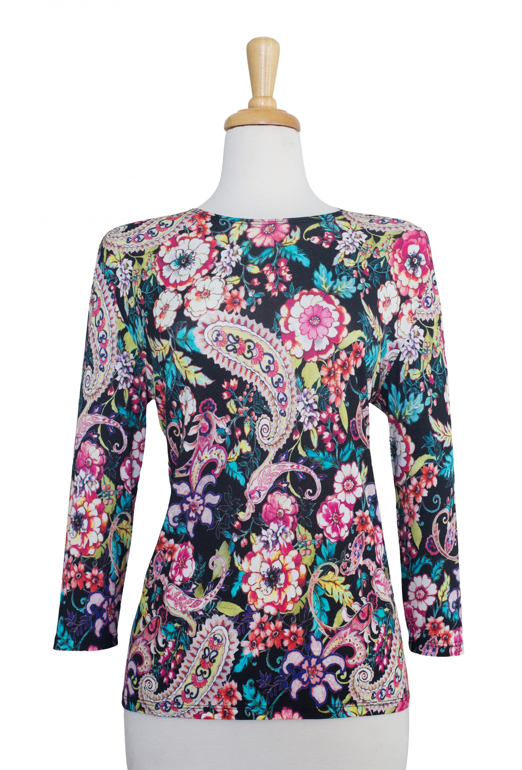Black and Multi Color Paisley and Floral 3/4 Sleeve Cotton Top - TOPS