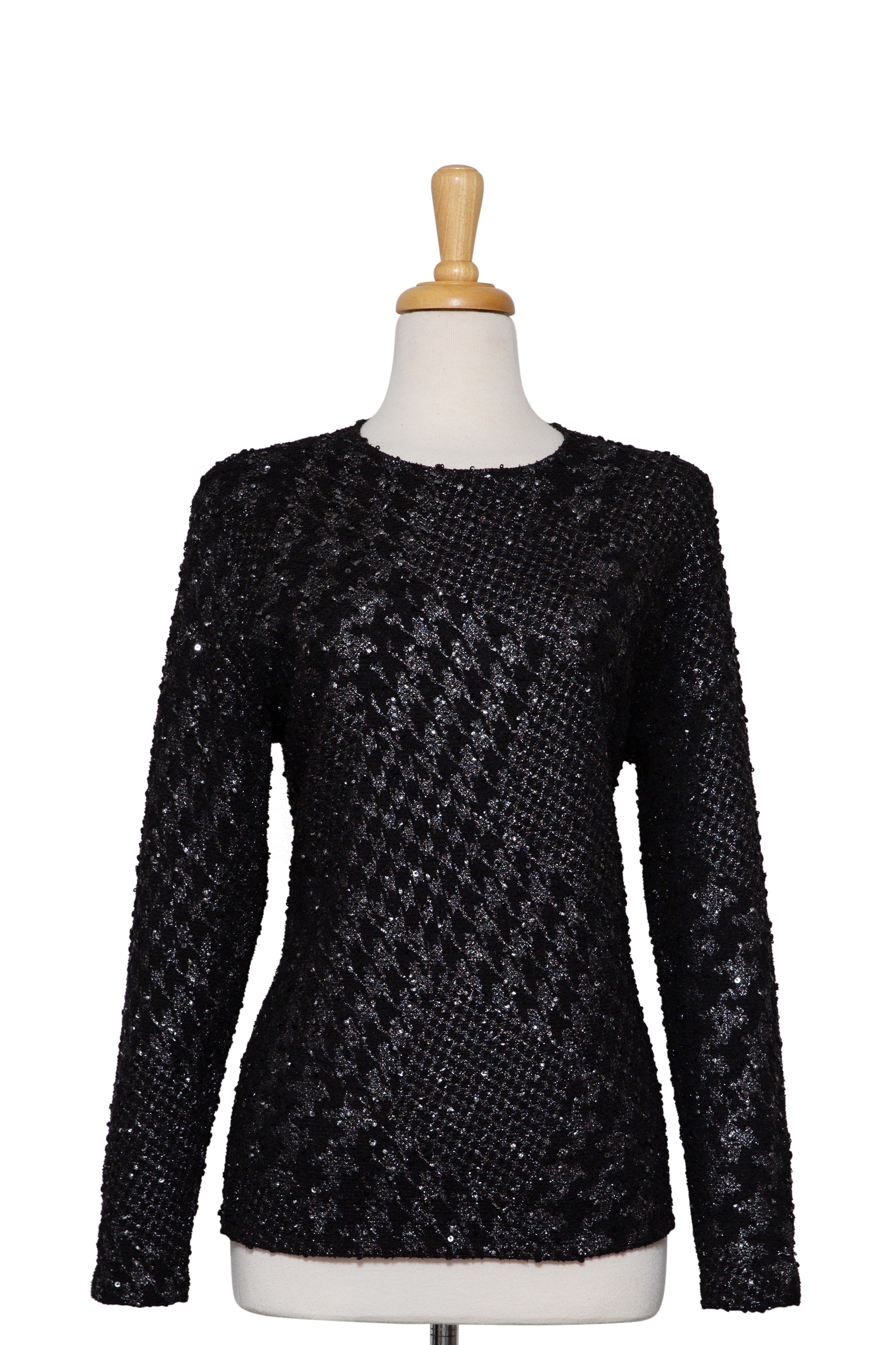 Black and Silver Metallic with Boucle Long Sequins Dispersed Knit Sleeve Top
