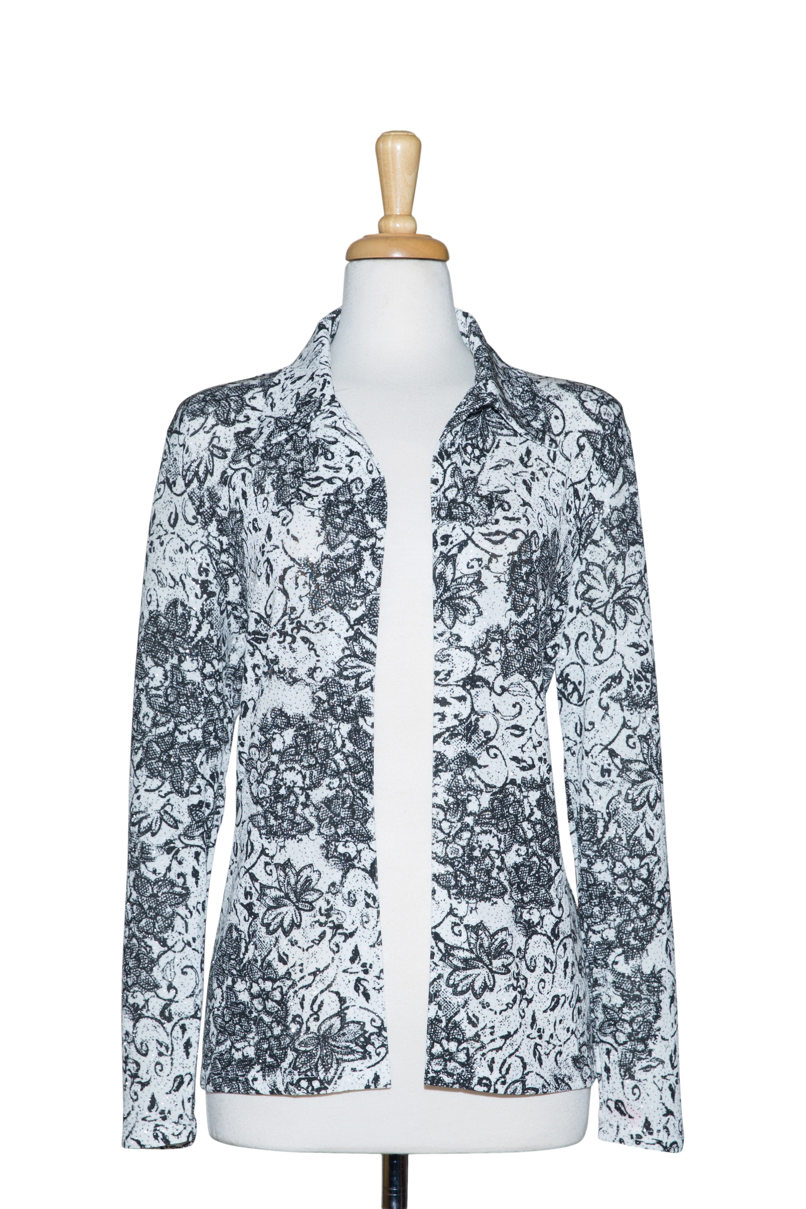 White and Black Floral Metallic Slinky  Jacket