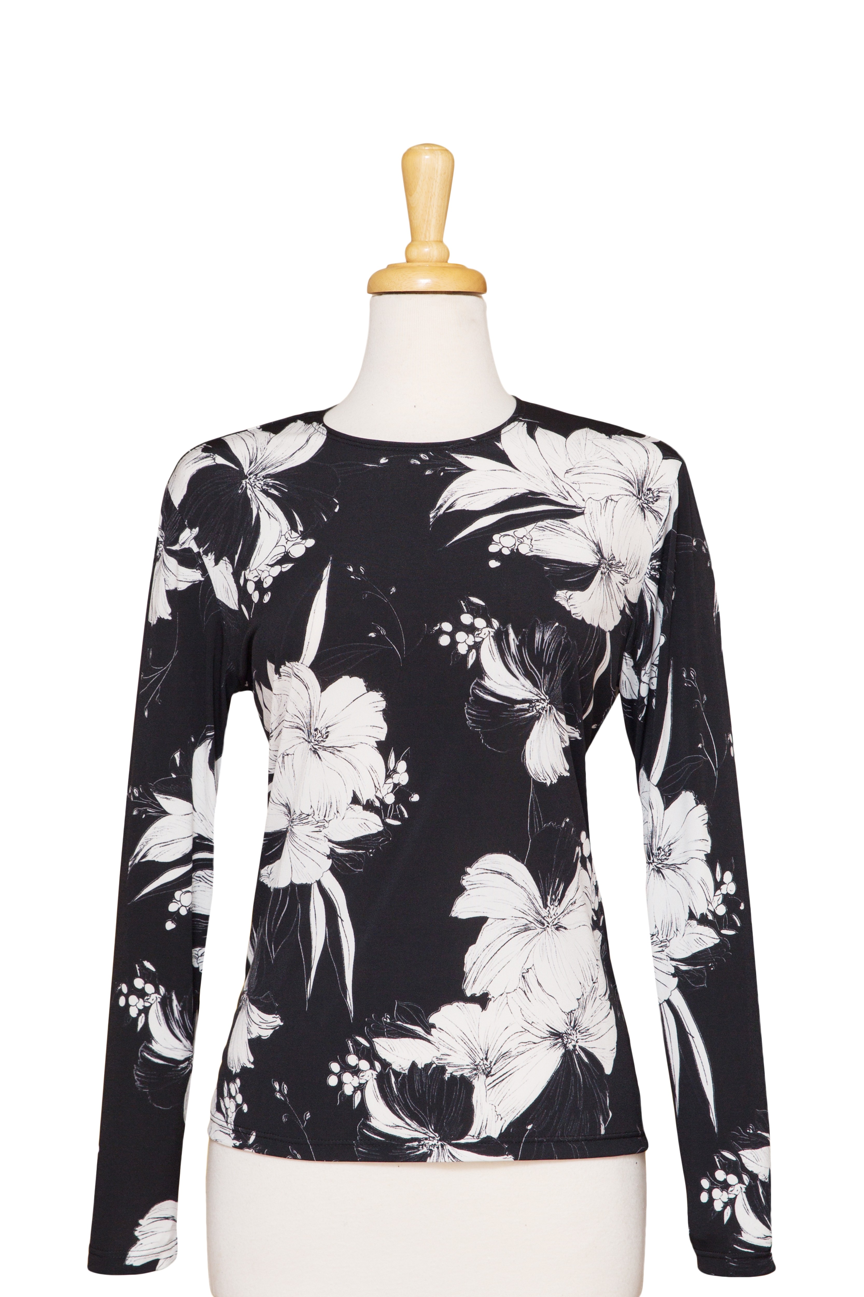 Plus Size Black And White Floral Microfiber Long Sleeve Top 