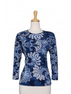 Shades of Blue, and White Wildflowers Textured Print Microfiber 3/4 Sleeve Top 