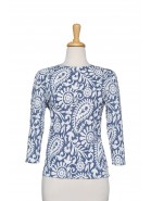 Blue and White Paisley Lace Textured Print Microfiber 3/4 Sleeve Top 