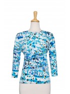 Turquoise, Blue and White Paintbrush Textured Print Microfiber 3/4 Sleeve Top 