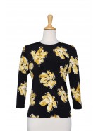 Plus Size Black, Yellow and White Floral  Textured Print Microfiber 3/4 Sleeve Top 
