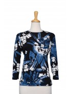 Shades of Blue, White and Black Floral Splash Textured Print Microfiber 3/4 Sleeve Top 