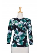 Shades of Green, Black and White Muted Floral Textured Print Microfiber 3/4 Sleeve Top 