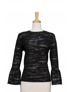 Black and Silver Crinkled Textured Bell Sleeve Top