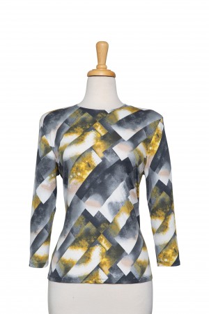Plus Size Grey and Mustard Geometric Zig Zag Cotton 3/4 Sleeve Top 